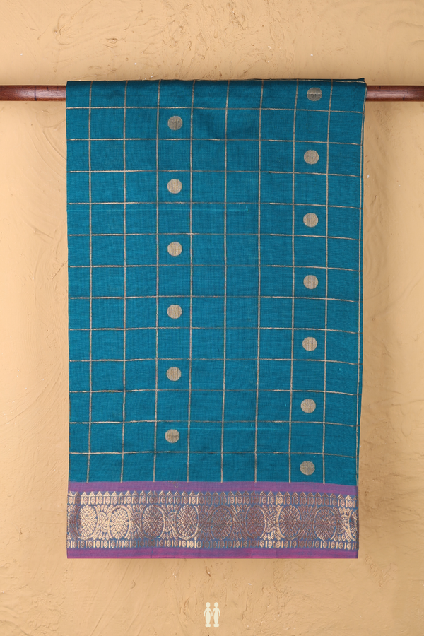 Traditional Silk Cotton Saree In Green With Checks Design