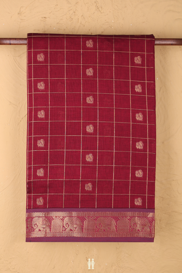 Traditional Silk Cotton Saree In Red With Checks Design