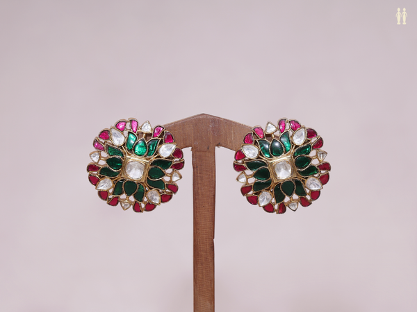 Tri Color Stone Gold Plated Pure Silver Stud Earrings