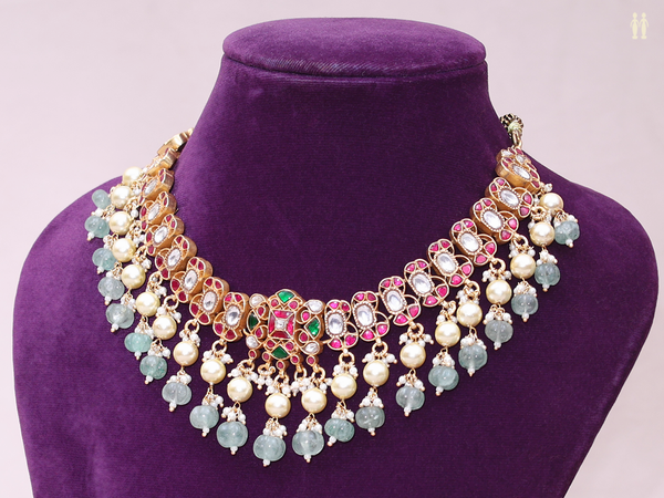 Tri Color Stone With Beads Gold Plated Silver Necklace