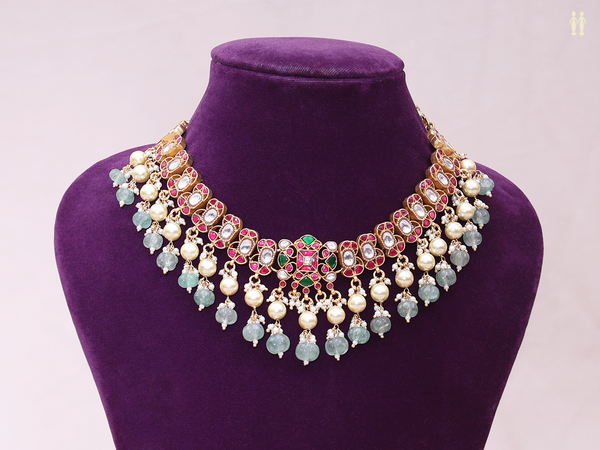 Tri Color Stone With Beads Gold Plated Silver Necklace