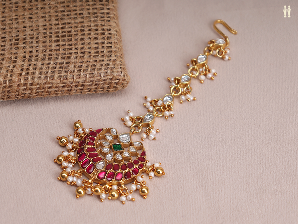 Tri Color Stone With Beads Gold Plated Silver Nethi Chutti