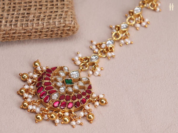 Tri Color Stone With Beads Gold Plated Silver Nethi Chutti