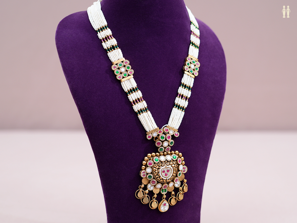 Tri Color Stone With Multi Layered Pearls Silver Long Necklace