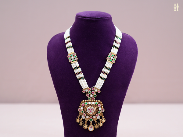 Tri Color Stone With Multi Layered Pearls Silver Long Necklace