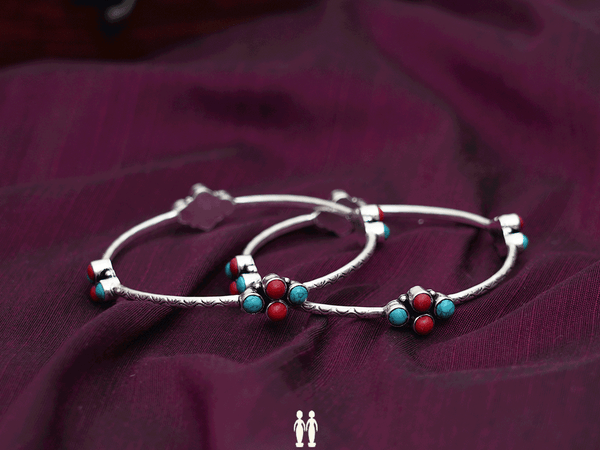 Turquoise And Red Stone Oxidized Pure Silver Bangles