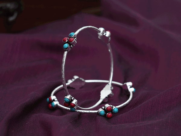 Turquoise And Red Stone Oxidized Pure Silver Bangles