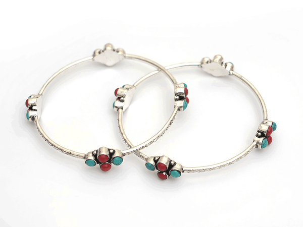 Turquoise And Red Stone Oxidized Pure Silver Bangles