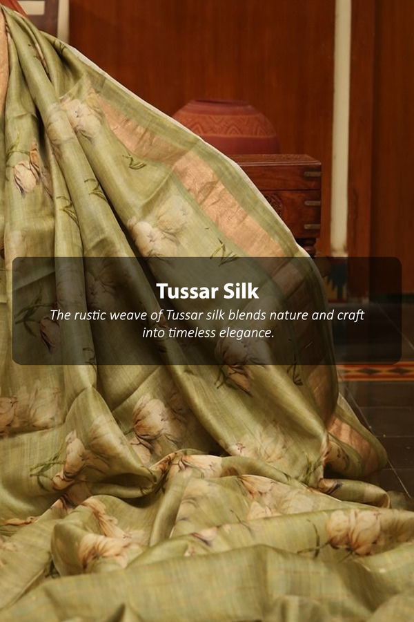 Tussar Silk Saree In Grey With Tree Motifs