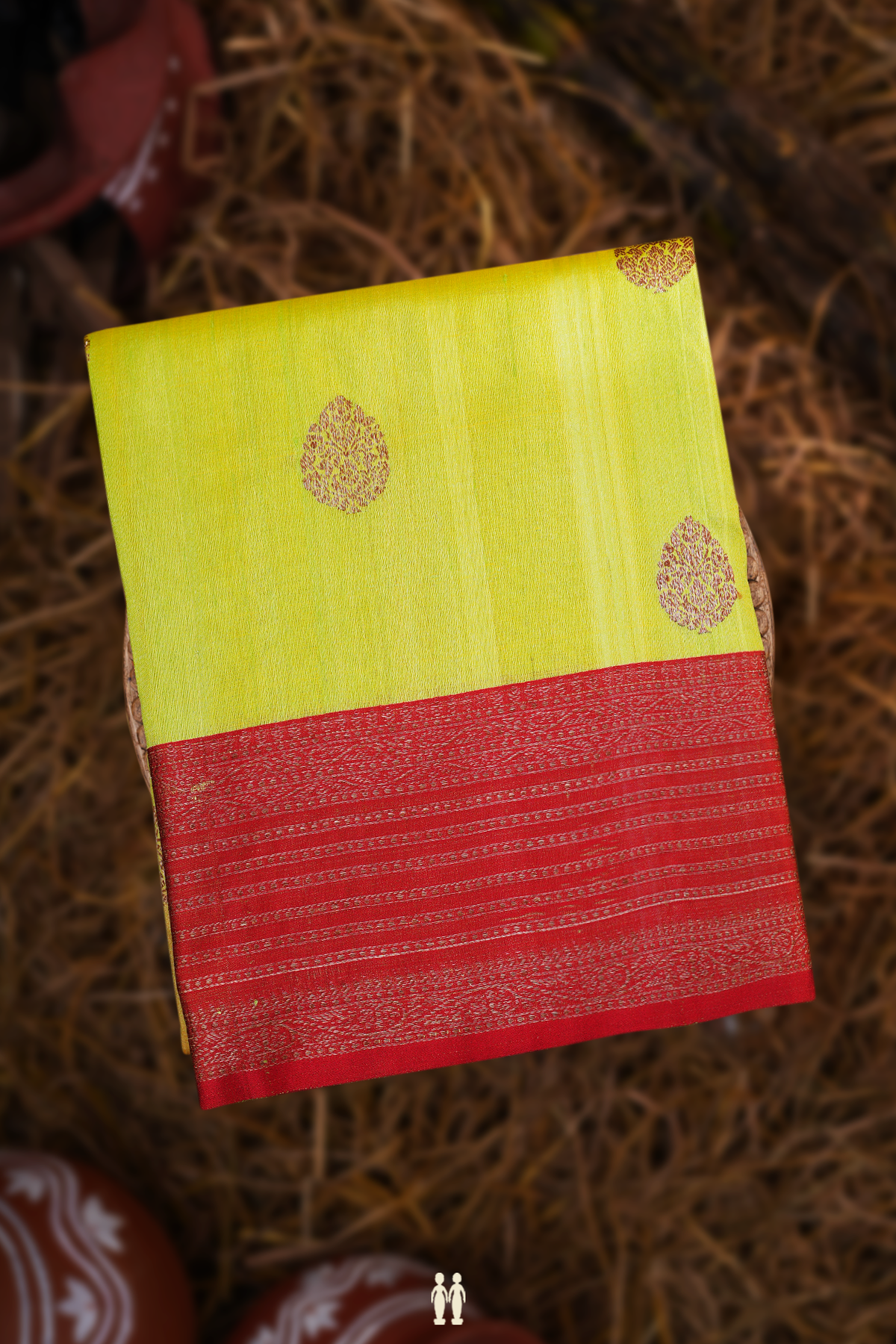 Tussar Banarasi Silk Saree In Green And Orange With Motifs