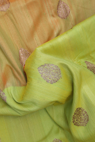 Tussar Banarasi Silk Saree In Green And Orange With Motifs