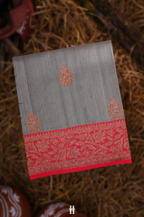 Tussar Banarasi Silk Saree In Grey With Floral Buttas