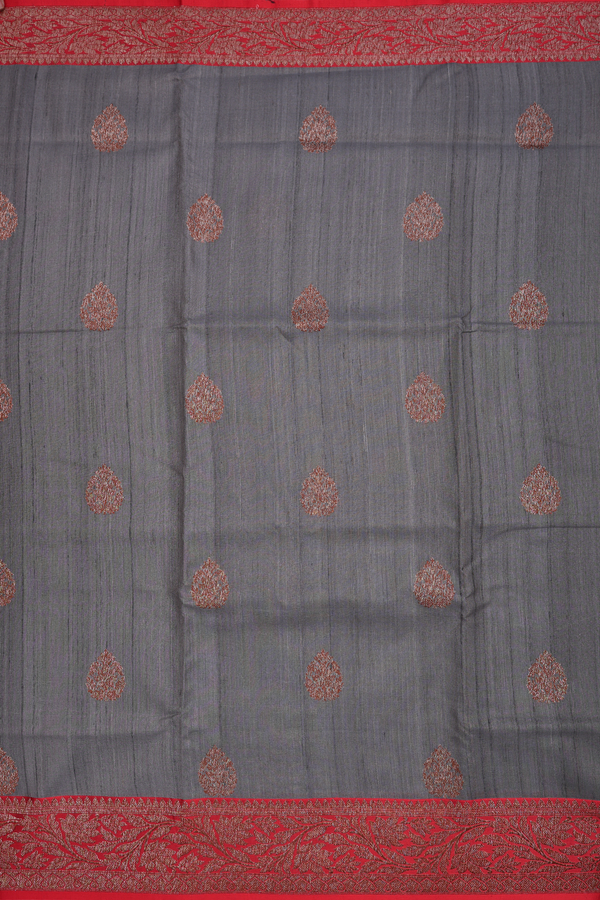 Tussar Banarasi Silk Saree In Grey With Floral Buttas