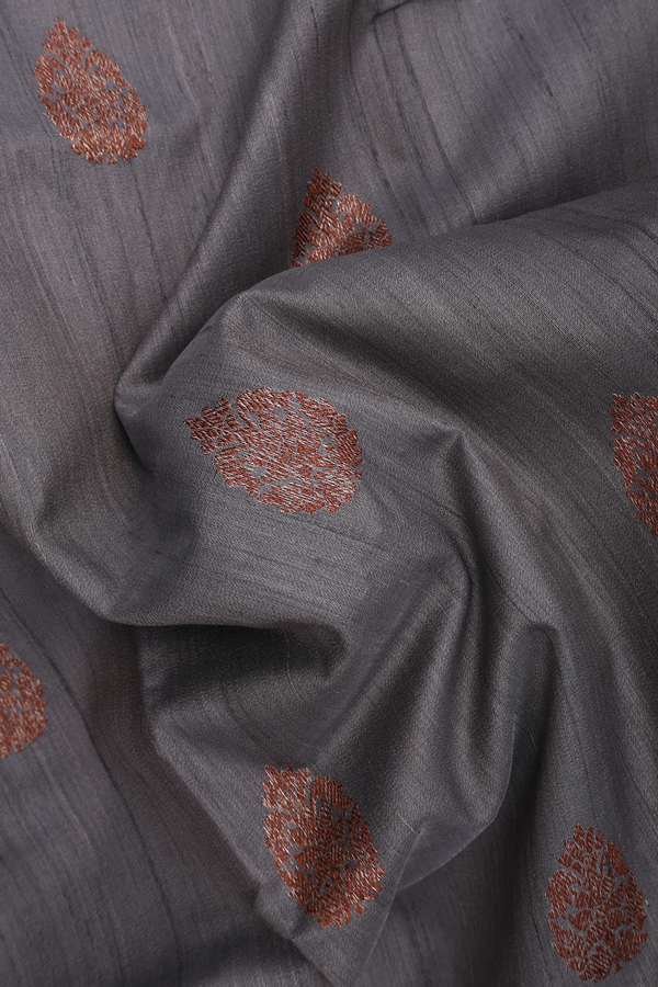 Tussar Banarasi Silk Saree In Grey With Floral Buttas
