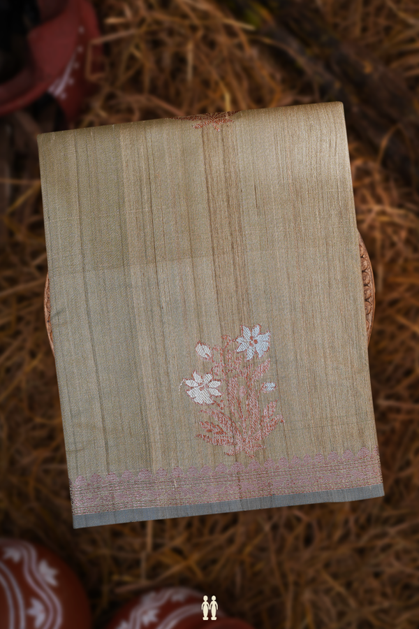 Tussar Banarasi Silk Saree In Greyish Green With Floral Motifs