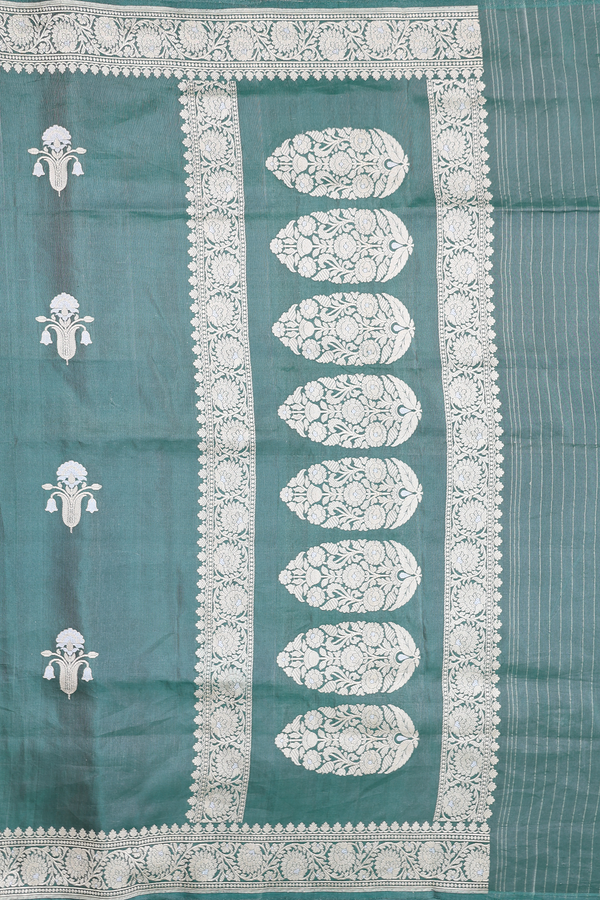 Banarasi Silk Saree In Dusty Green With Floral Motifs