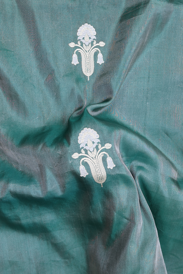 Banarasi Silk Saree In Dusty Green With Floral Motifs