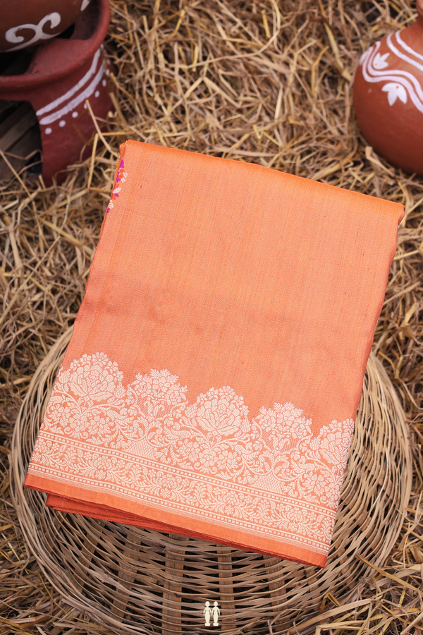 Tussar Banarasi Silk Saree In Orange With Floral Design