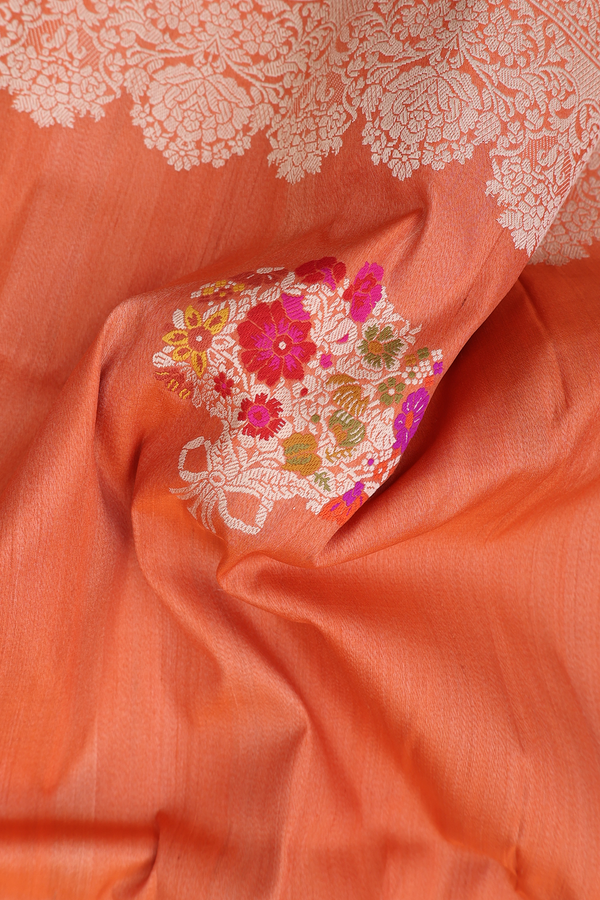 Tussar Banarasi Silk Saree In Orange With Floral Design