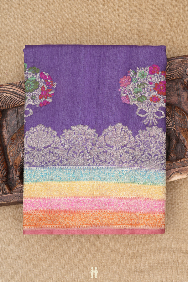 Tussar Banarasi Silk Saree In Purple With Floral Design