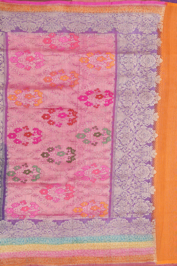 Tussar Banarasi Silk Saree In Purple With Floral Design