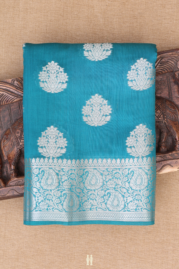 Tussar Banarasi Silk Saree In Teal Blue With Floral Buttas
