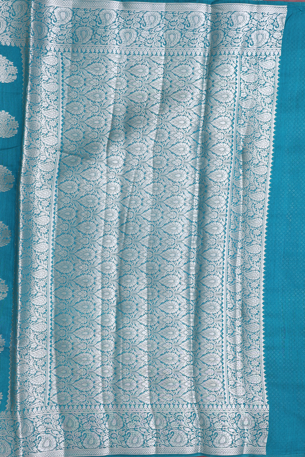 Tussar Banarasi Silk Saree In Teal Blue With Floral Buttas