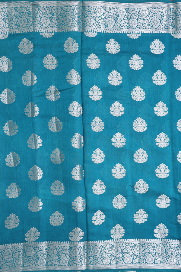 Tussar Banarasi Silk Saree In Teal Blue With Floral Buttas