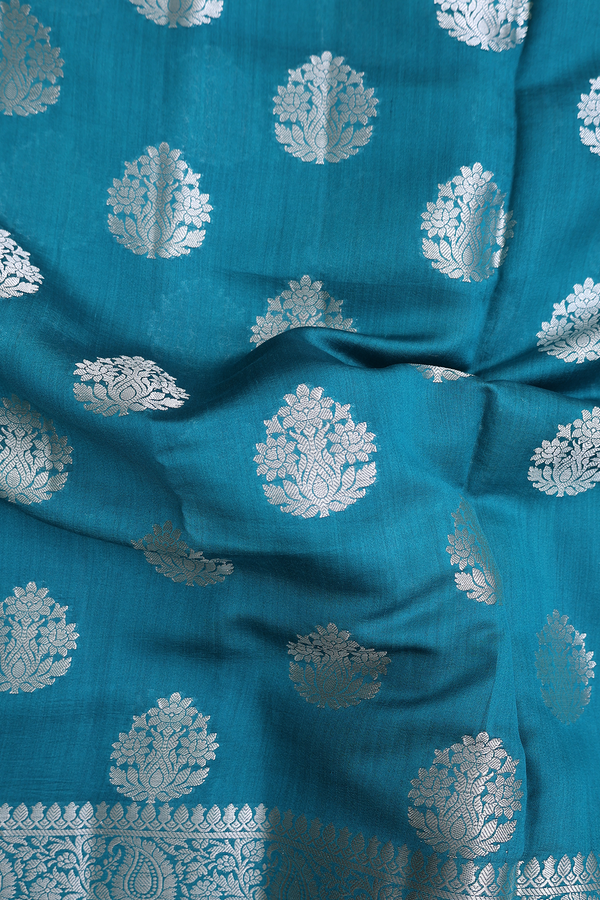 Tussar Banarasi Silk Saree In Teal Blue With Floral Buttas