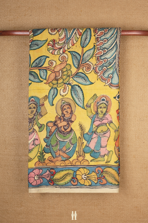 Tussar Kalamkari Silk Saree In Yellow With Hand Painted