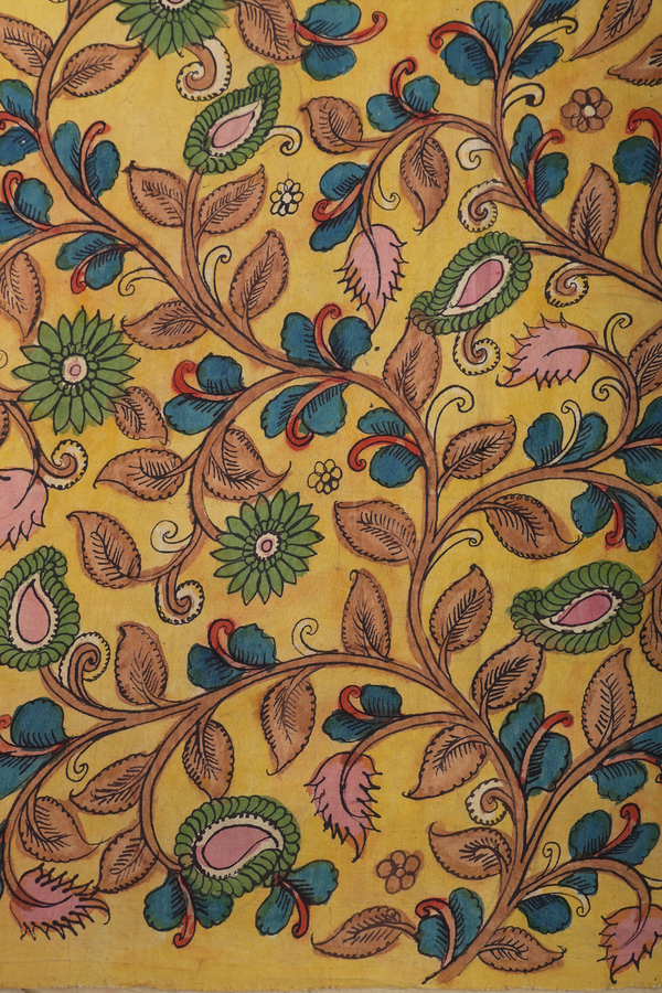 Tussar Kalamkari Silk Saree In Yellow With Hand Painted