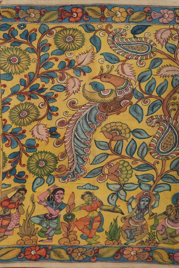 Tussar Kalamkari Silk Saree In Yellow With Hand Painted