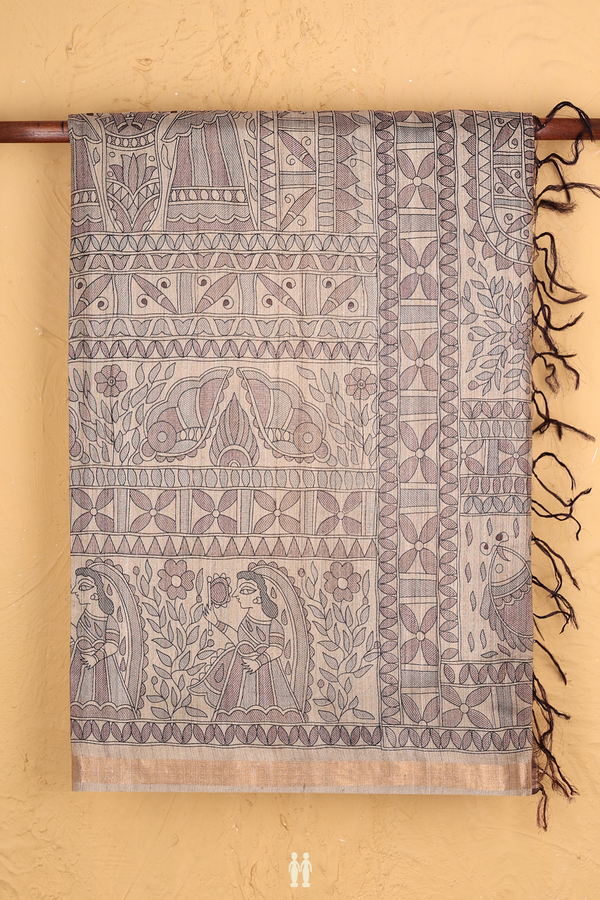 Tussar Madhubani Silk In Saree Beige With Contrast Border