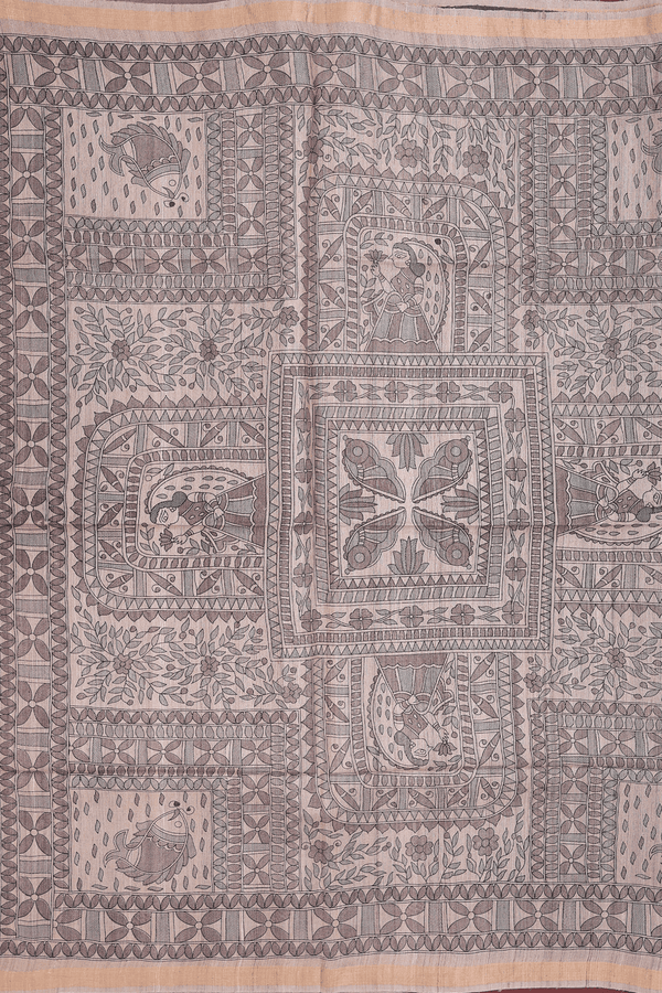 Tussar Madhubani Silk In Saree Beige With Contrast Border