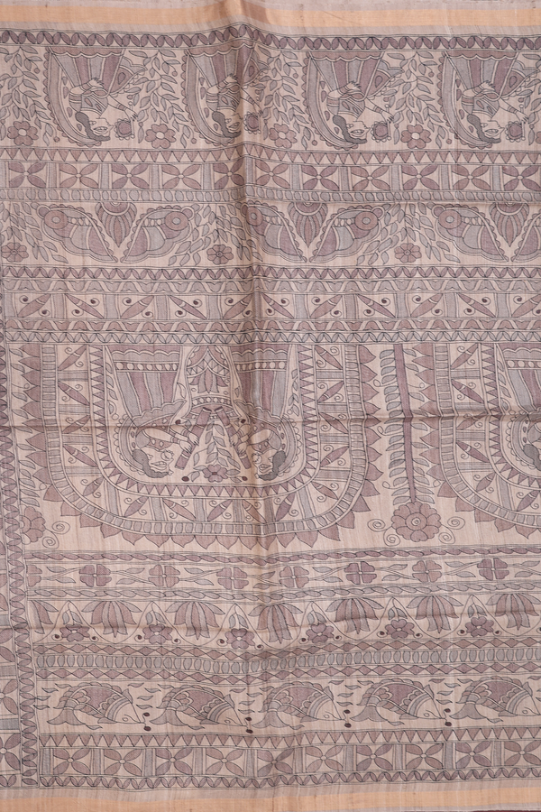 Tussar Madhubani Silk In Saree Beige With Contrast Border
