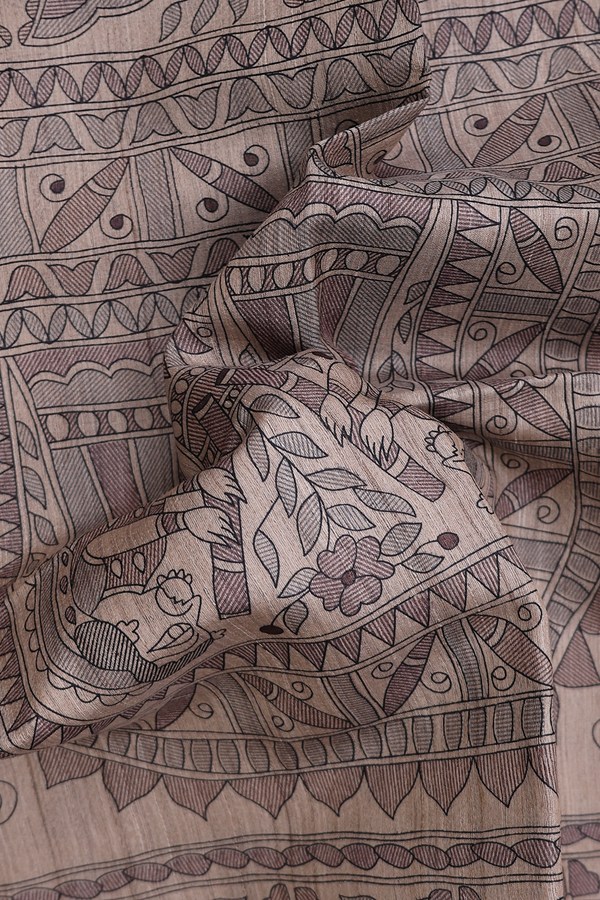 Tussar Madhubani Silk In Saree Beige With Contrast Border