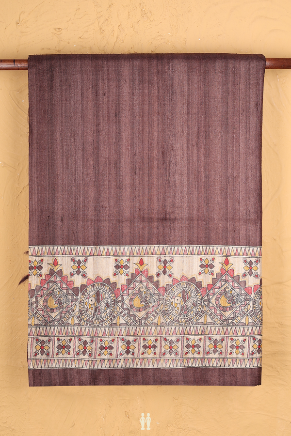 Tussar Madhubani Silk In Saree Plum Brown With Contrast Border