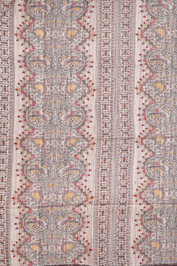 Tussar Madhubani Silk In Saree Plum Brown With Contrast Border