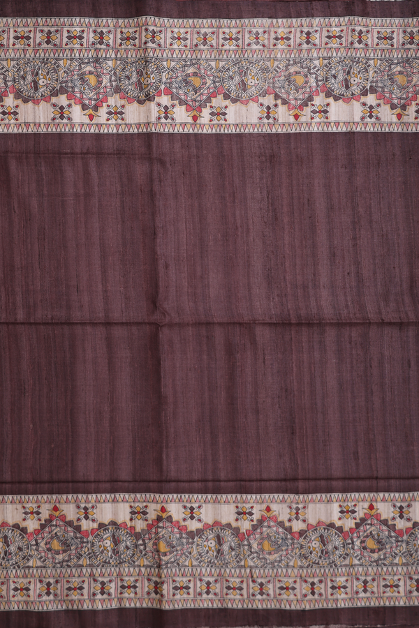 Tussar Madhubani Silk In Saree Plum Brown With Contrast Border