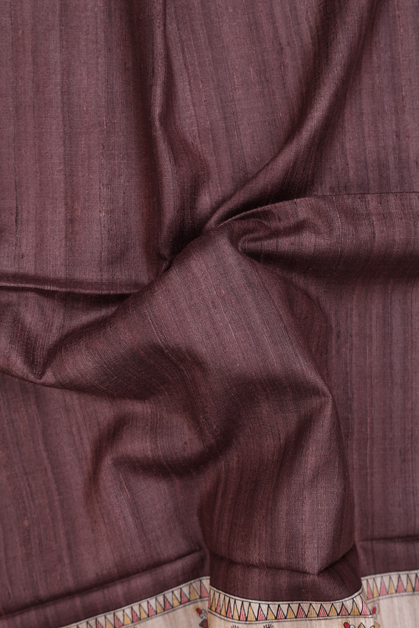 Tussar Madhubani Silk In Saree Plum Brown With Contrast Border