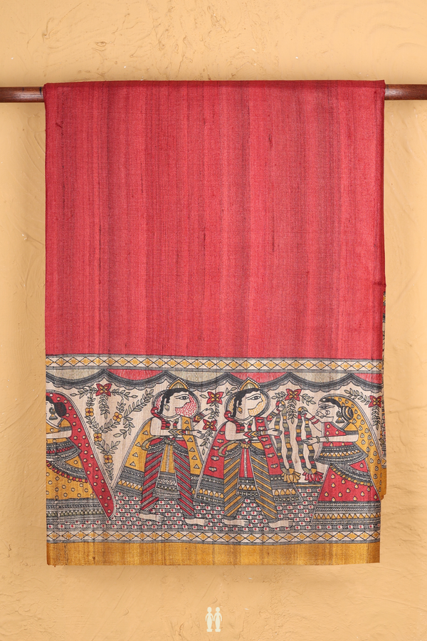 Tussar Madhubani Silk In Saree Red With Contrast Border