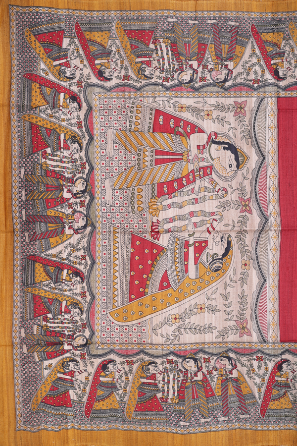 Tussar Madhubani Silk In Saree Red With Contrast Border