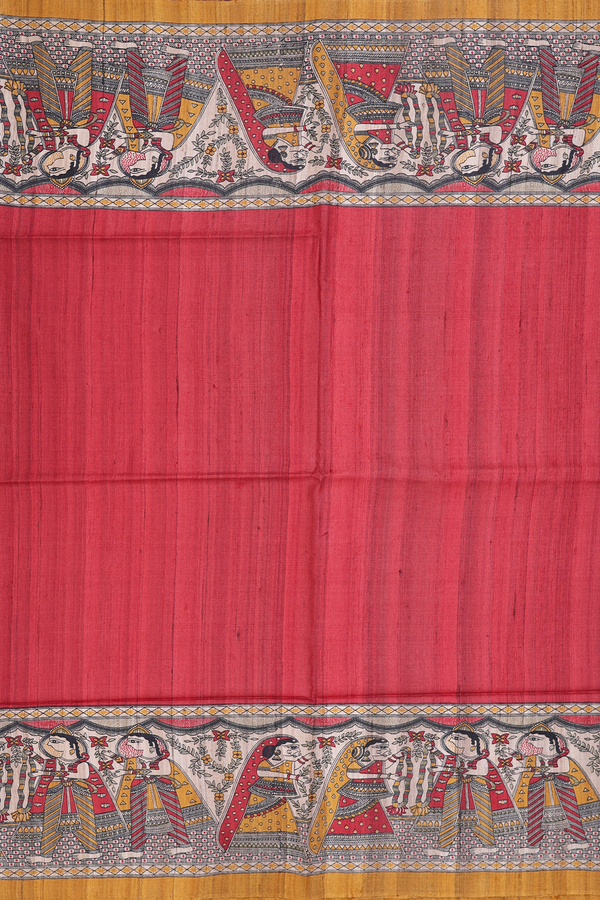 Tussar Madhubani Silk In Saree Red With Contrast Border