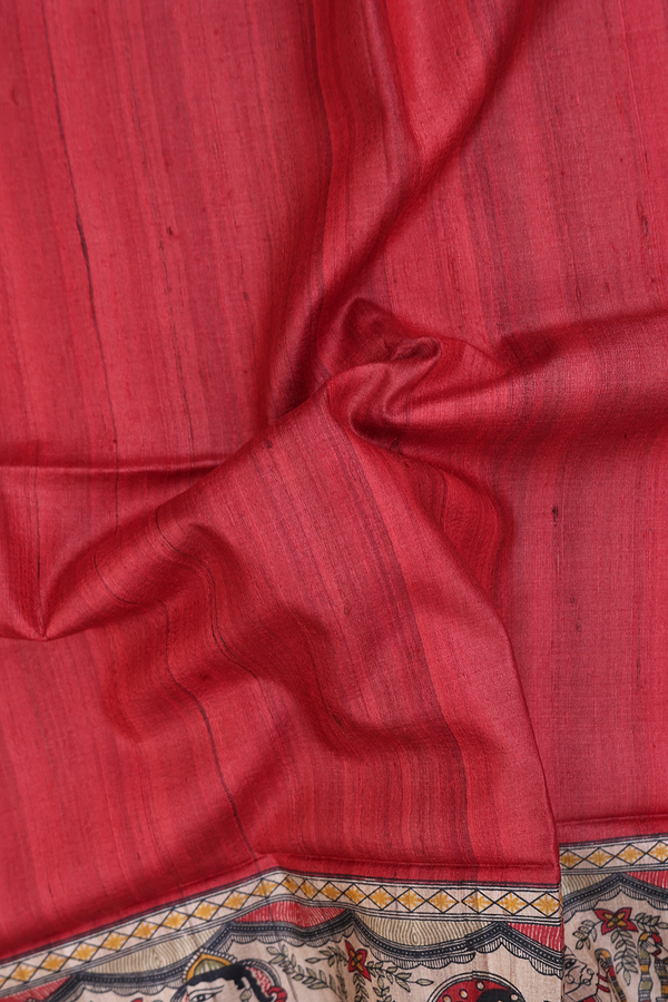 Tussar Madhubani Silk In Saree Red With Contrast Border