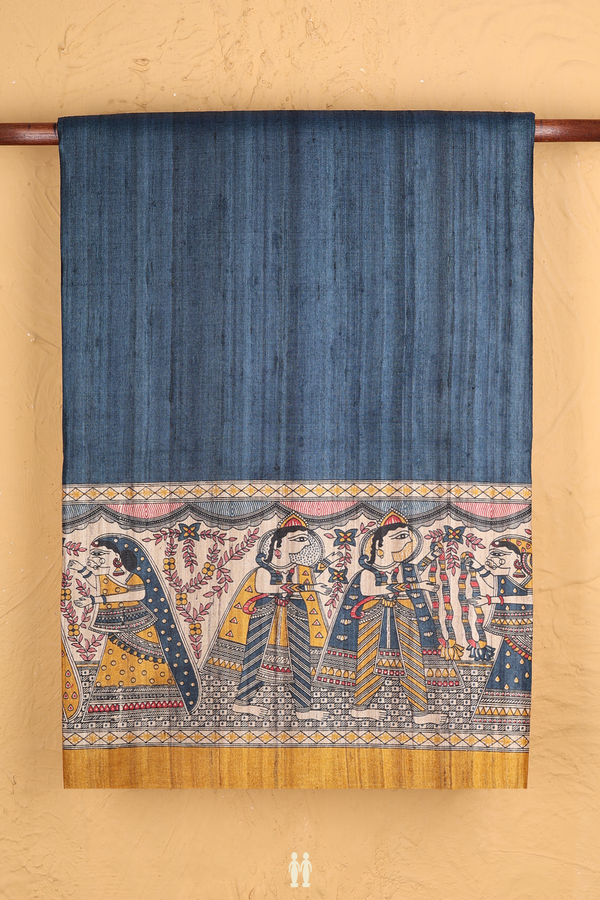 Tussar Madhubani Silk In Saree Teal Blue With Contrast Border