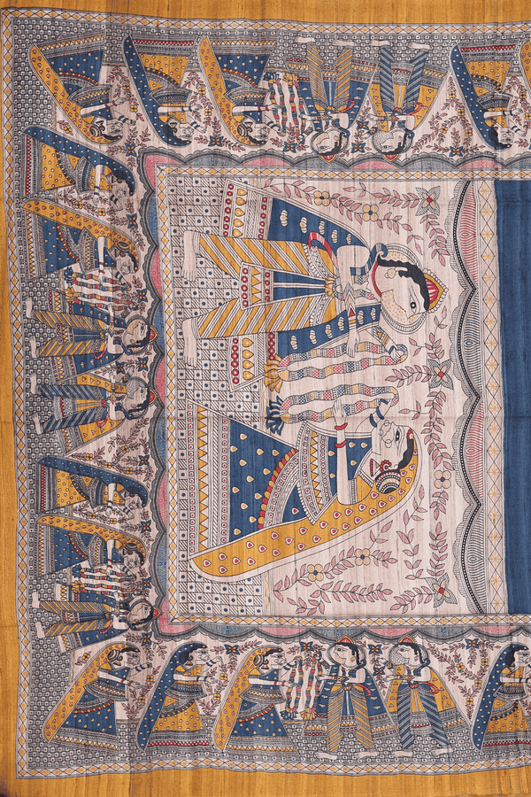 Tussar Madhubani Silk In Saree Teal Blue With Contrast Border