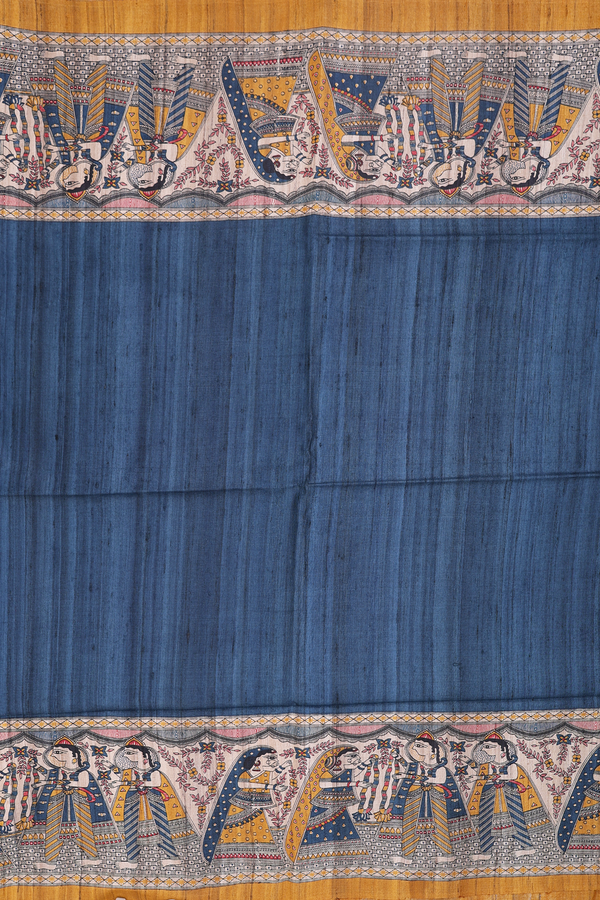 Tussar Madhubani Silk In Saree Teal Blue With Contrast Border
