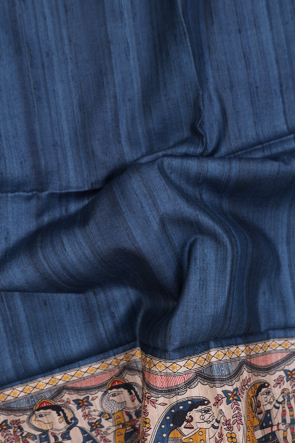Tussar Madhubani Silk In Saree Teal Blue With Contrast Border