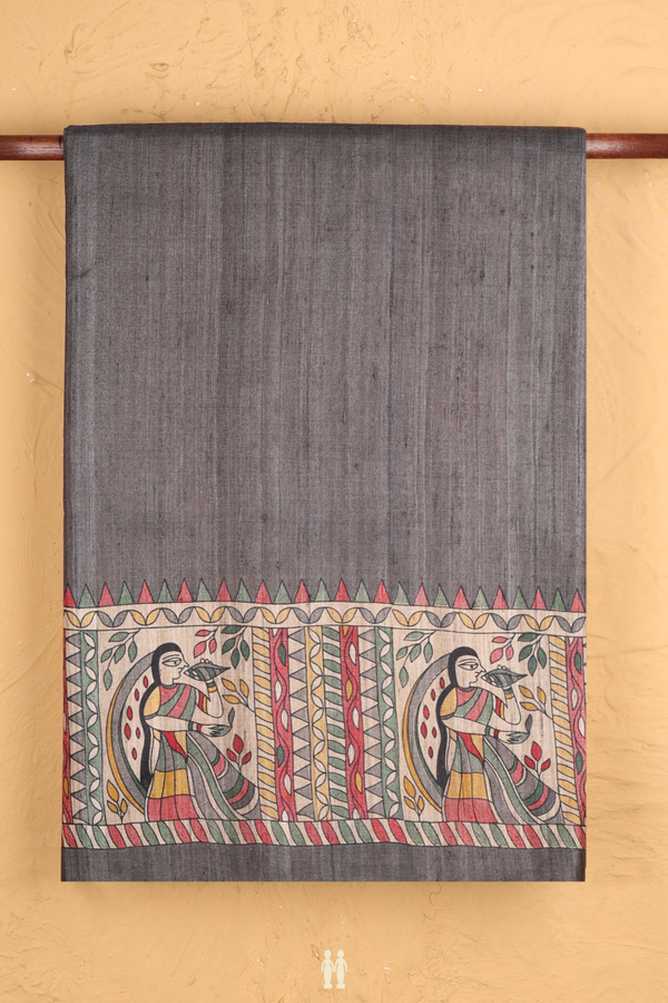 Tussar Madhubani Silk Saree Charcoal Grey With Contrast Border