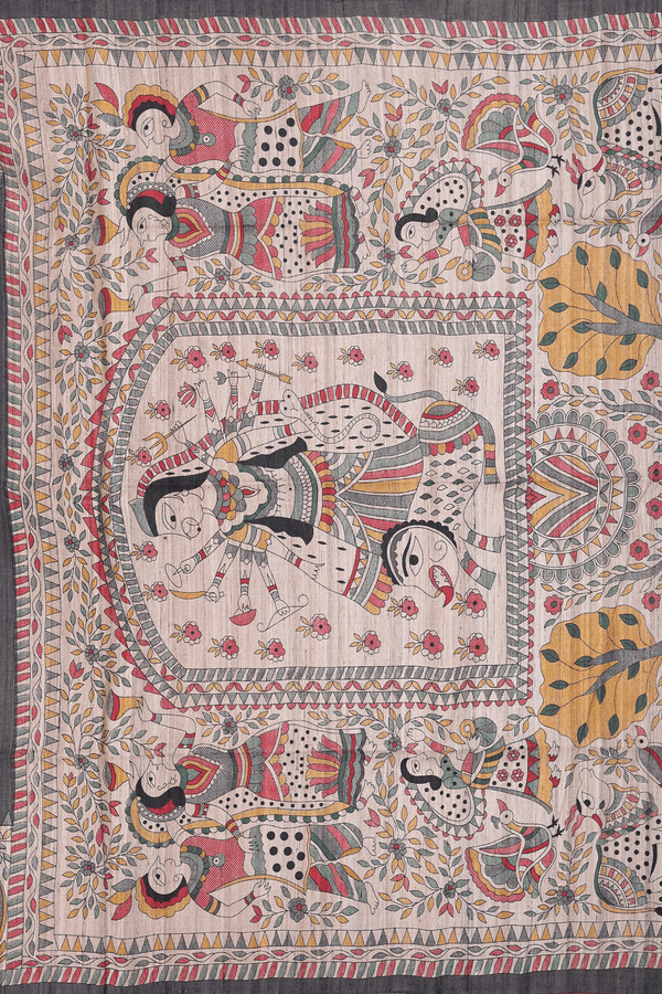 Tussar Madhubani Silk Saree Charcoal Grey With Contrast Border